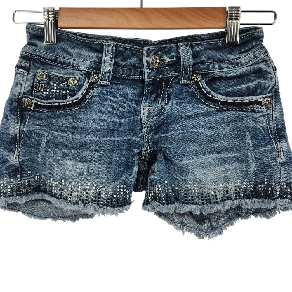Miss Me Denim Shorts Womens 24 Rhinestone Studded Distressed Blue Festival